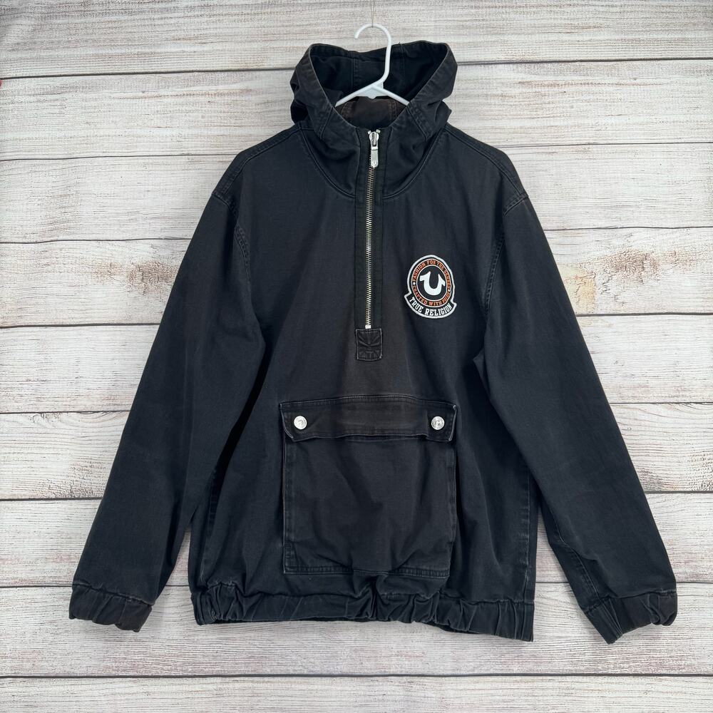 True Religion Canvas 1/2 Zip Hoodie Pullover Mens Medium Black Gray Fade‎